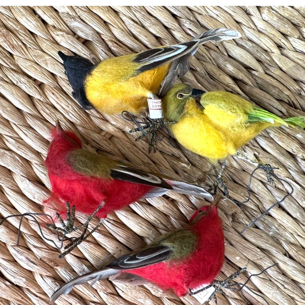 4 Vintage Feather Bird Christmas Tree Ornaments / Floral Picks – Wire Feet